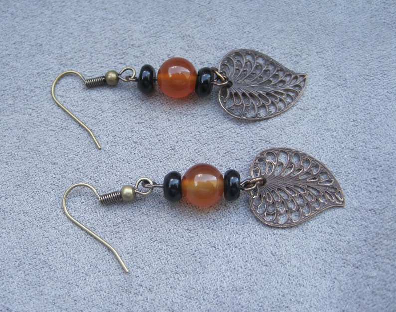 Handmade Semprecious Stones & Antique Brass Earrings. Antique Brass Earrings. Carnelian Earrings. Onyx Earrings. Orange and Black Earrings image 4