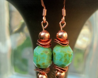 Earrings Handmade with Copper & Turquoise Czech Glass Beads. Boho Chic Earrings. Copper Earrings.