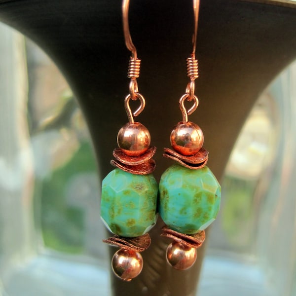 Earrings Handmade with Copper & Turquoise Czech Glass Beads. Boho Chic Earrings. Copper Earrings.