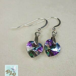 Sterling Silver Earrings with Multicolor Swarovski Heart. Pink Purple & Green Earrings. Heart Earrings. Affordable Valentines Day Earrings image 2