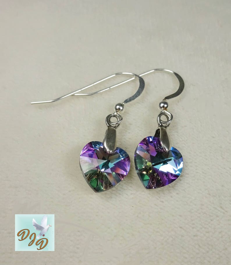 Sterling Silver Earrings with Multicolor Swarovski Heart. Pink Purple & Green Earrings. Heart Earrings. Affordable Valentines Day Earrings image 2