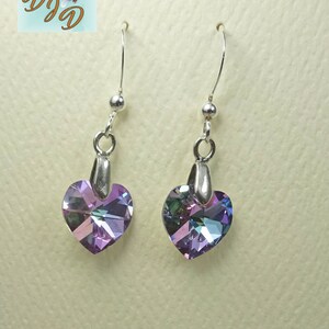 Sterling Silver Earrings with Multicolor Swarovski Heart. Pink Purple & Green Earrings. Heart Earrings. Affordable Valentines Day Earrings image 3