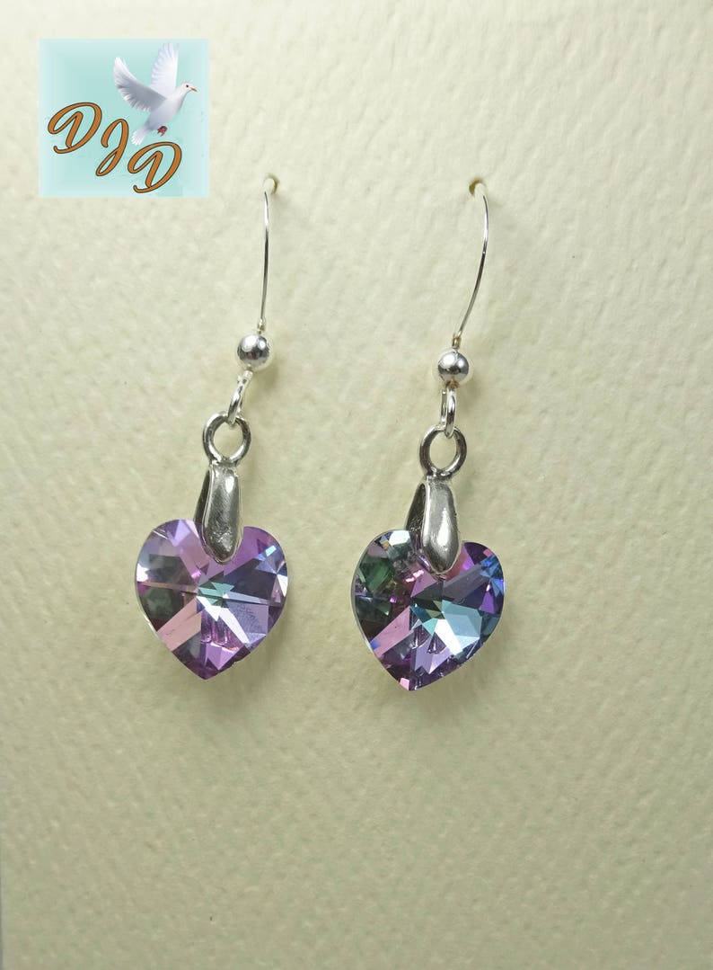 Sterling Silver Earrings with Multicolor Swarovski Heart. Pink Purple & Green Earrings. Heart Earrings. Affordable Valentines Day Earrings image 3