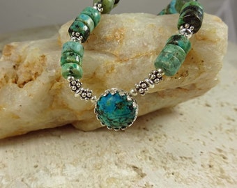 Dainty Sterling Silver and African Turquoise Choker. Silver and Stone Necklace with a Cabochon Setting. African Turquise Necklace.