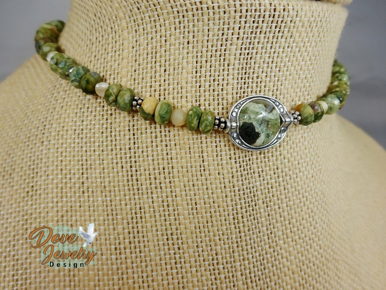 Rhyolite and Sterling Silver Necklace with Bali Beads Boho Choker Sterling Silver /& Semiprecious Stone Choker