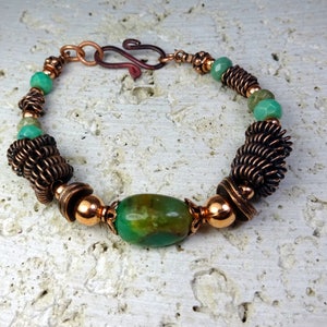 Copper Gemstone Bracelet, Coiled Metal Beads, Green Chrysoprase Stones, Detailed Copper Wirework. Chrysoprase & Copper Bracelet. image 2