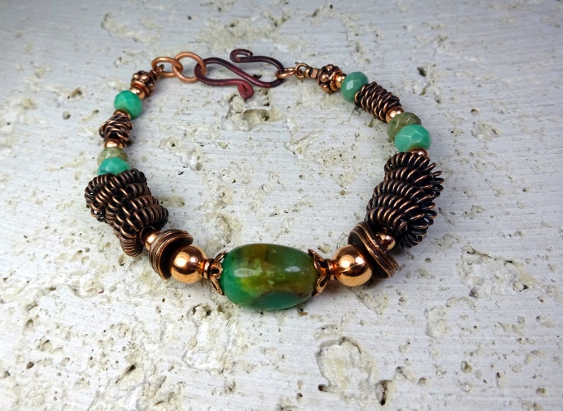 Copper Gemstone Bracelet, Coiled Metal Beads, Green Chrysoprase Stones, Detailed Copper Wirework. Chrysoprase & Copper Bracelet. image 2