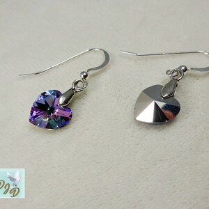 Sterling Silver Earrings with Multicolor Swarovski Heart. Pink Purple & Green Earrings. Heart Earrings. Affordable Valentines Day Earrings image 4