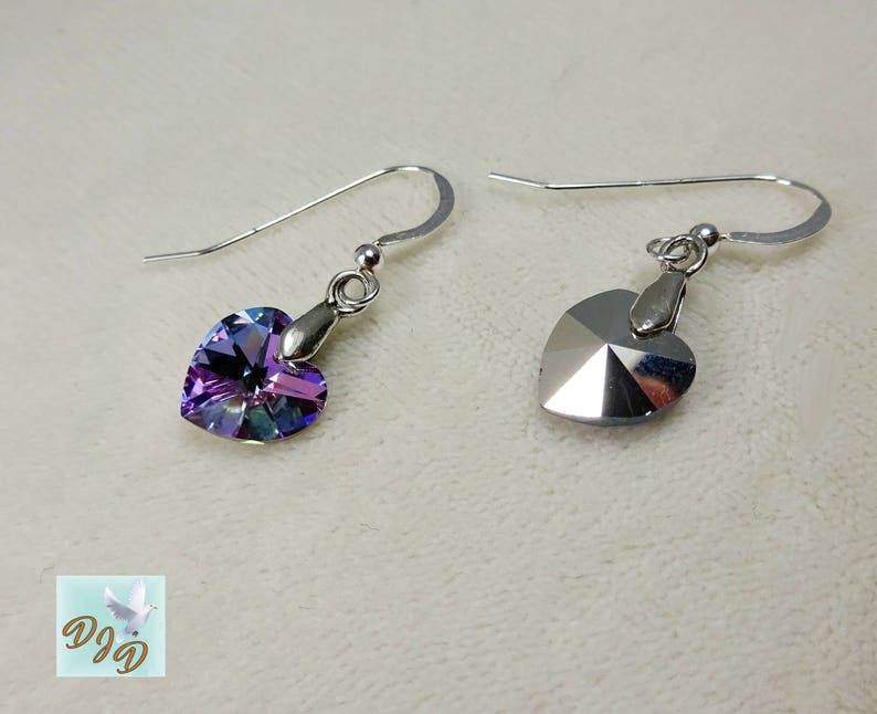 Sterling Silver Earrings with Multicolor Swarovski Heart. Pink Purple & Green Earrings. Heart Earrings. Affordable Valentines Day Earrings image 4