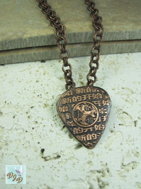 Hand Made Etched Copper Guitar Pick Necklace with Alice in Chains 