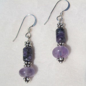 Handmade Sterling Silver Amethyst & Charoites Earrings with Bali Beads. Pretty Purple Earrings. Amethyst Earrings. Charoite Earrings. Bild 2