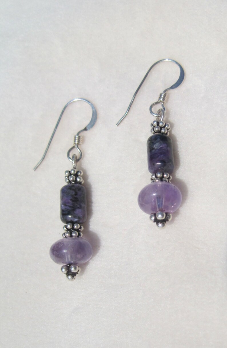 Handmade Sterling Silver Amethyst & Charoites Earrings with Bali Beads. Pretty Purple Earrings. Amethyst Earrings. Charoite Earrings. Bild 2