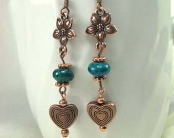 Handmade Dangle Copper Hearts and Flowers Earrings with Semandiprecious Stones and Crystal Beads