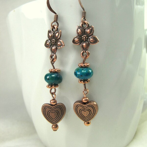 Handmade Dangle Copper Hearts and Flowers Earrings with Semandiprecious Stones and Crystal Beads