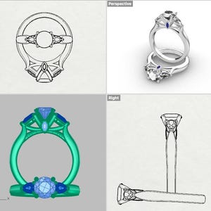Peut inclure: Une représentation 3D d'une bague avec une grosse pierre centrale et deux pierres plus petites de chaque côté. La bague est sertie sur une bande en argent et présente un design délicat. La bague est présentée sous plusieurs angles, notamment de dessus, de face, de droite et en perspective.