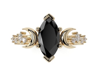 Nyx Goddess Moon Ring in 14k Gold w/ Onyx