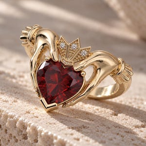 Könnte beinhalten: Ein goldener Claddagh-Ring mit einem herzförmigen roten Edelstein, der von zwei modellierten Händen gehalten wird. Über dem Herz befindet sich eine kleine Krone, die mit drei winzigen klaren Steinen besetzt ist. Der Ring ist aus poliertem Gold.