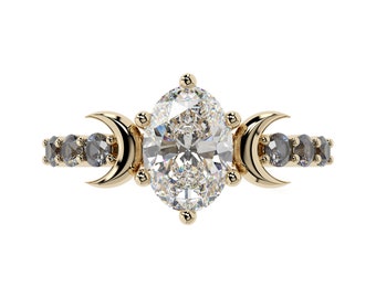 Triple Moon Goddess Ring: White Topaz & Gray Spinel, 14k Gold Hecate Ring