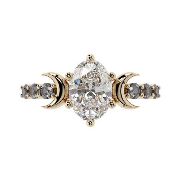 Triple Moon Goddess Ring-White Topaz & Gray Spinel 14k Gold | Hecate Moon Ring | Wiccan Moon Ring | Triple Moon | Engagement Ring | Selene