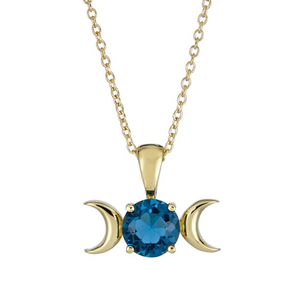 Triple Moon Goddess Necklace With London Blue Topaz- 14k Gold
