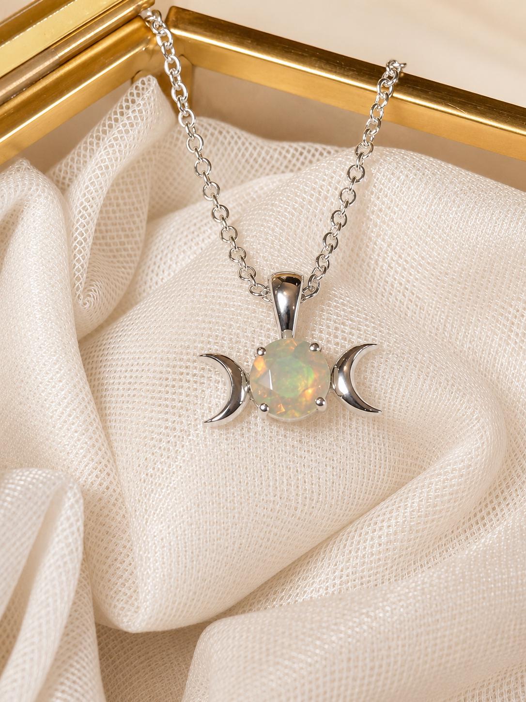 Triple Moon Goddess Necklace Sterling Silver Opal Celestial Witchy ...
