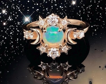 Celestial Moon Ring: Ethiopian Opal, Diamond, Sterling Silver or 14k Gold