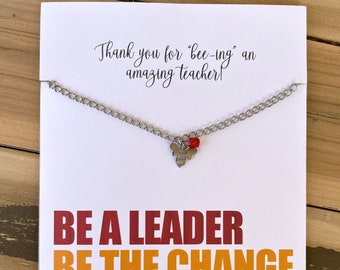 Collier remerciement pour enseignant, acier inoxydable, thème abeille avec citation inspirante