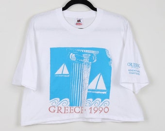 Vintage 90s Greece 1990 Cruising World Adventure Charters White Graphic Cropped Tee Sailboat Sailing Single Stitch Reworked Crop Top Size XL