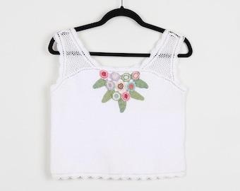 Vintage 90s White Floral Crochet Knit Cropped Tank Top Colorful Flowers Embroidery Crop Top  Knitted Preppy Girly Tank Top Size Small