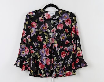 Vintage Y2K Black Floral Pattern Ruffle Long Sleeve Top Peplum Style Colorful Flowers Deep VNeck String Knot Flowy Grunge Blouse Size Medium