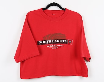 Vintage 90s North Dakota State College Of Science Wild Cats Basketball Red Graphic Cropped Tee University Reworked Crop Top Size XL