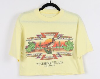 Vintage 90s Westbrook Arizona Abstract Geometric Pattern Cropped Tee Cactus Bird Print Nature Destination Reworked Crop Top Size Medium