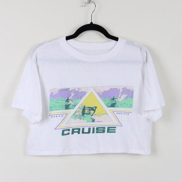 Vintage 90s Ocean Pacific Cruise Surf Surfer Graphic Cropped Tee Surfing Summer Beach Single Stitch Reworked Crop Top T-shirt Size Large