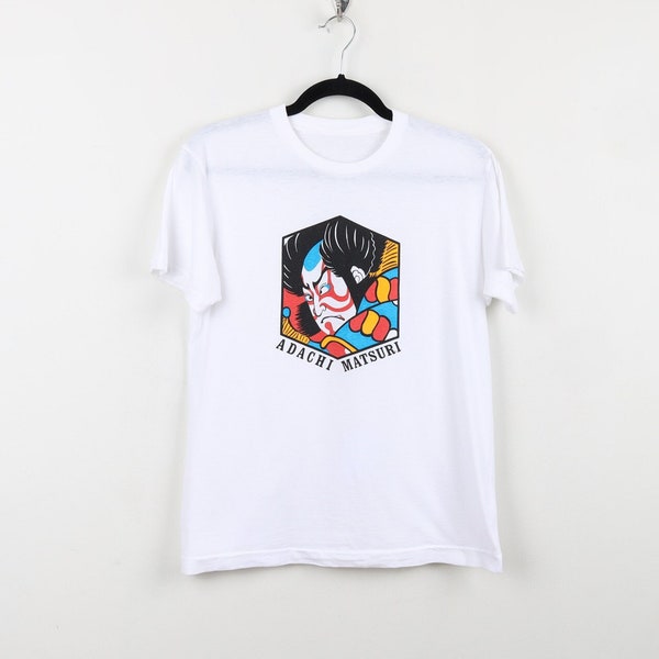 Vintage 90s Japanese Festival Adachi Matsuri White Graphic Print Tee Single Stitch Japan Asian Face Paint T-Shirt Size Medium