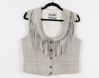 Vintage 70s Gray Fringe Suede Leather Vest Tank Moto Motorcycle Western Rodeo Cowgirl Boho Bohemian Button Up Vest Tank Size Medium
