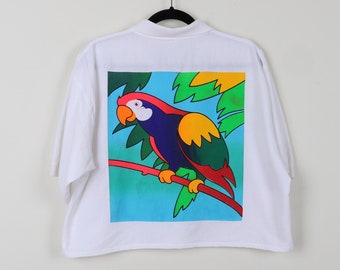 Vintage 90s C.D. Juarez Mexico Parrot Back Graphic Print Cropped Polo Reworked Colorful Parrot Bird Crop Top T-shirt Size Large