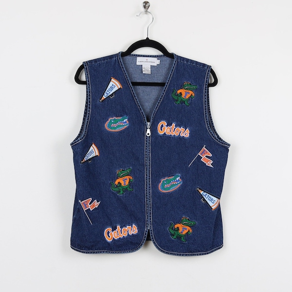 Vintage 90s Florida Gators Denim Jean Patch Patchwork Blue Embroidered Tank Top Zip Up Football College Denim Jean Vest Tank Size Large