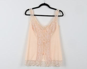Vintage 80s Peach Cream Neutral Floral Lace Cami With Ribbons Feminine Sexy Camisole Lingerie Lace Cami Tank Top Size Small