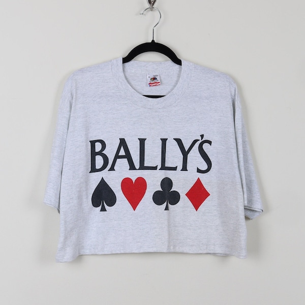 Vintage 90s Bally's Las Vegas Casino Gray Graphic Print Cropped Tee Poker Baccarat Playing Cards Single Stitch Reworked Crop Top Size XL