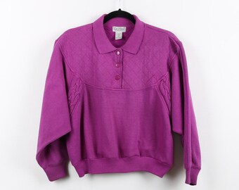 Vintage 90s Purple Batwing Sleeve Cropped Pullover Ribbed Knitted Quilted Detail Collared Quarter Snap Button Crop Top Sweater Size Medium