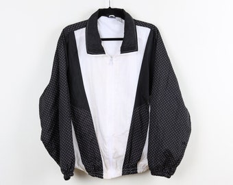 Vintage 90s Women's Polka Dot Color Block Style Black & White Windbreaker Minimalist Clueless Zip Up Zipper Stretchy Hem Jacket Size Large