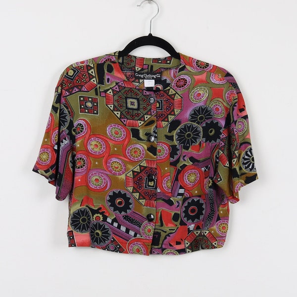 Vintage 90s Abstract Geometric Print Multi Pattern Cropped Blouse Multicolor Reworked Button Up Scoop Neck Crop Top Blouse Size Petite Small