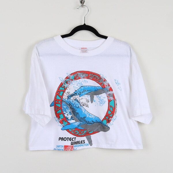 Vintage 90s Protect Whales Earth Children 1993 White Graphic Cropped Tee Washington DC Single Stitch Reworked Nautical Crop Top Size Large