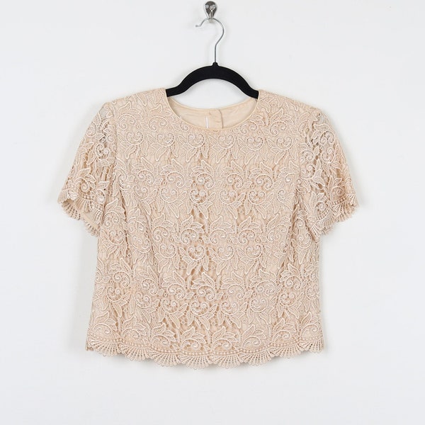 Vintage 90s Embroidered Eyelash Lace Short Sleeve Blouse Beige Cropped Preppy Crochet Knit Floral Pattern Girly Minimalist Blouse Size Small