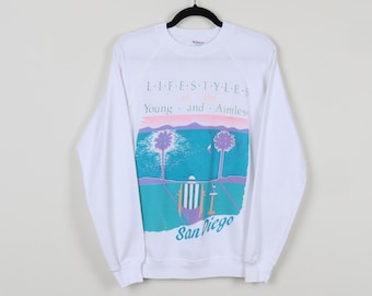 Vintage 90s Lifestyle of the Young And Aimless San Diego California Graphic Crew Neck Sweater Funny Text Nature Pullover Sweatshirt Size M