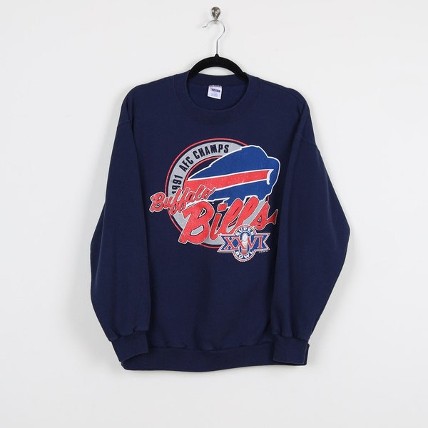 Vintage 90s Buffalo Bills 1991 AFC Champs Blue Super Bowl XXVI Graphic Print Pullover Sweatshirt NFL Football Crew Neck Sweater Size Large