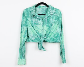 Vintage 70s Pastel Green Snake Skin Abstract Print Pattern Tie Up Cropped Blouse Long Sleeve Retro Style Crop Top Tie Up Blouse Size Medium