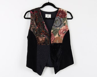 Vintage 90s Black Abstract Floral Print Pattern Velvet Lace Detail Grunge Vest Tank Women's Mom Vest Tank Top Size Small