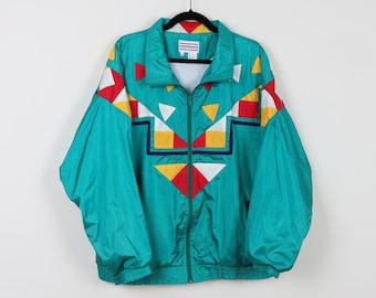 Vintage 90s Westbound Green Geometric Pattern Patchwork Colorful Windbreaker Jacket Zip Up Triangle Shapes Multicolor Track Jacket Size 2X