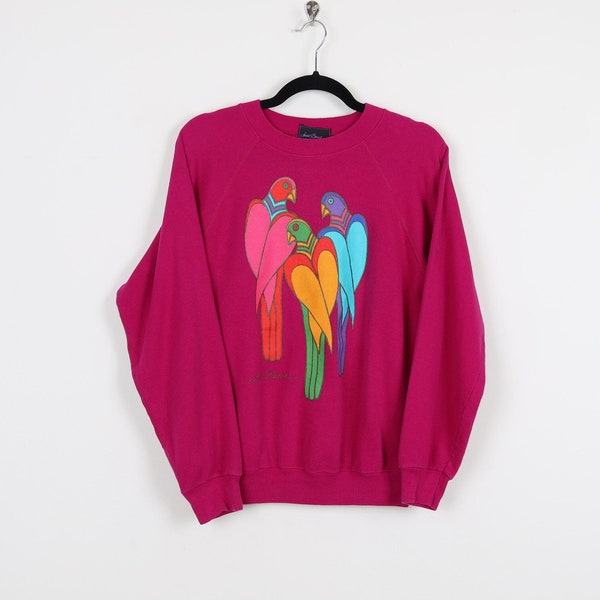 Vintage 90s Hot Pink Parrots Graphic Print Crew Neck Sweater Three Colorful Parrots Birds Pullover Sweatshirt Size Medium